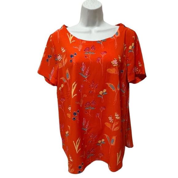 Jones New York Tops - JNY Women’s Vibrant Orange Floral Scoop Neck Split Hem Blouse, Size Large